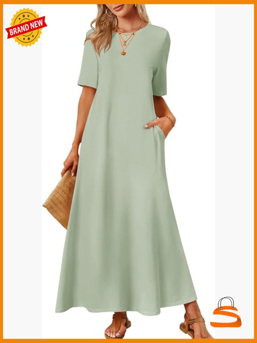 Maxi T-Shirt Dress Crew Neck Short Sleeve with Pockets Loose Fit